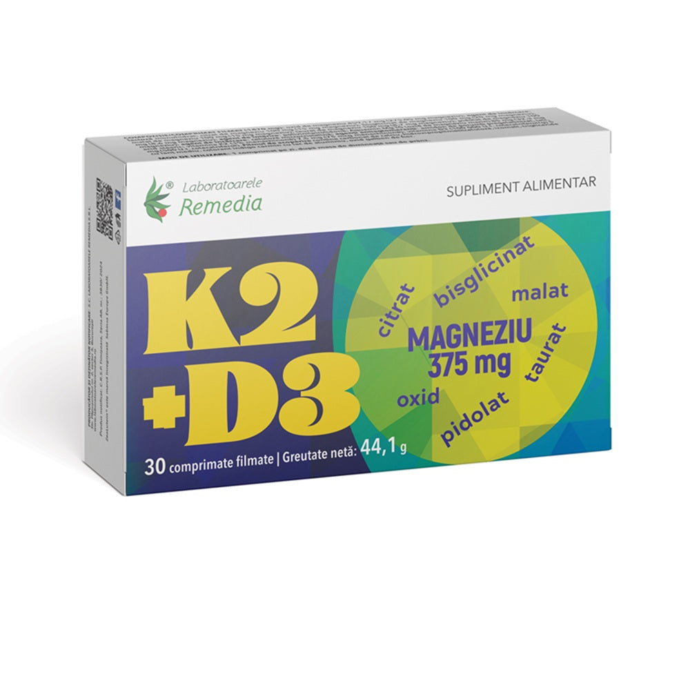 K2+D3+Magneziu, 375 mg, 30 comprimate, Laboratoarele Remedia