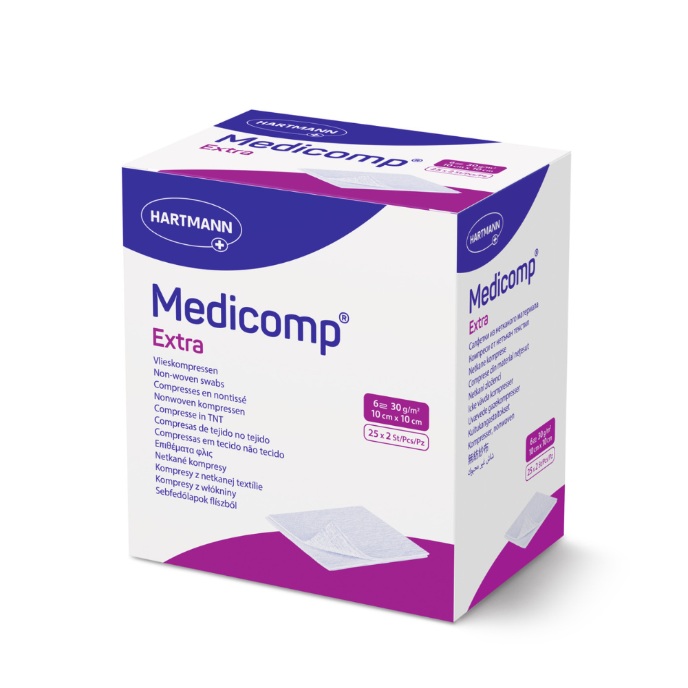 Comprese extra absorbante din material netesut Medicomp Extra, 10cm x 10cm, 25 bucati, Hartmann