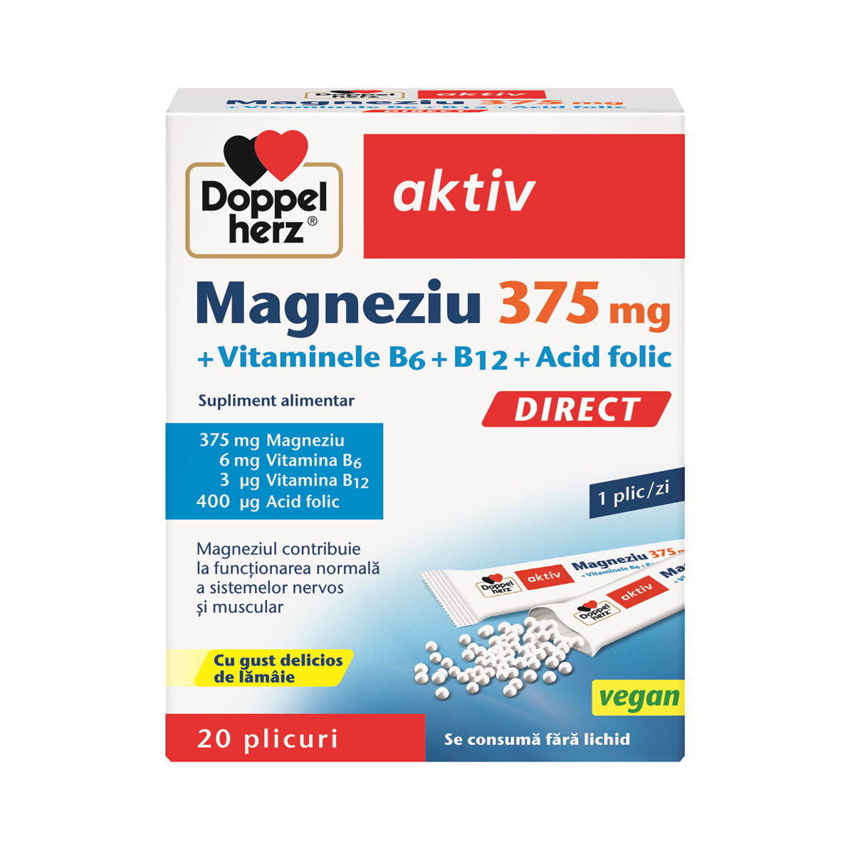 Magneziu 375 mg Direct + Vitaminele B6 + B12 + Acid folic, 20 plicuri, Doppelherz