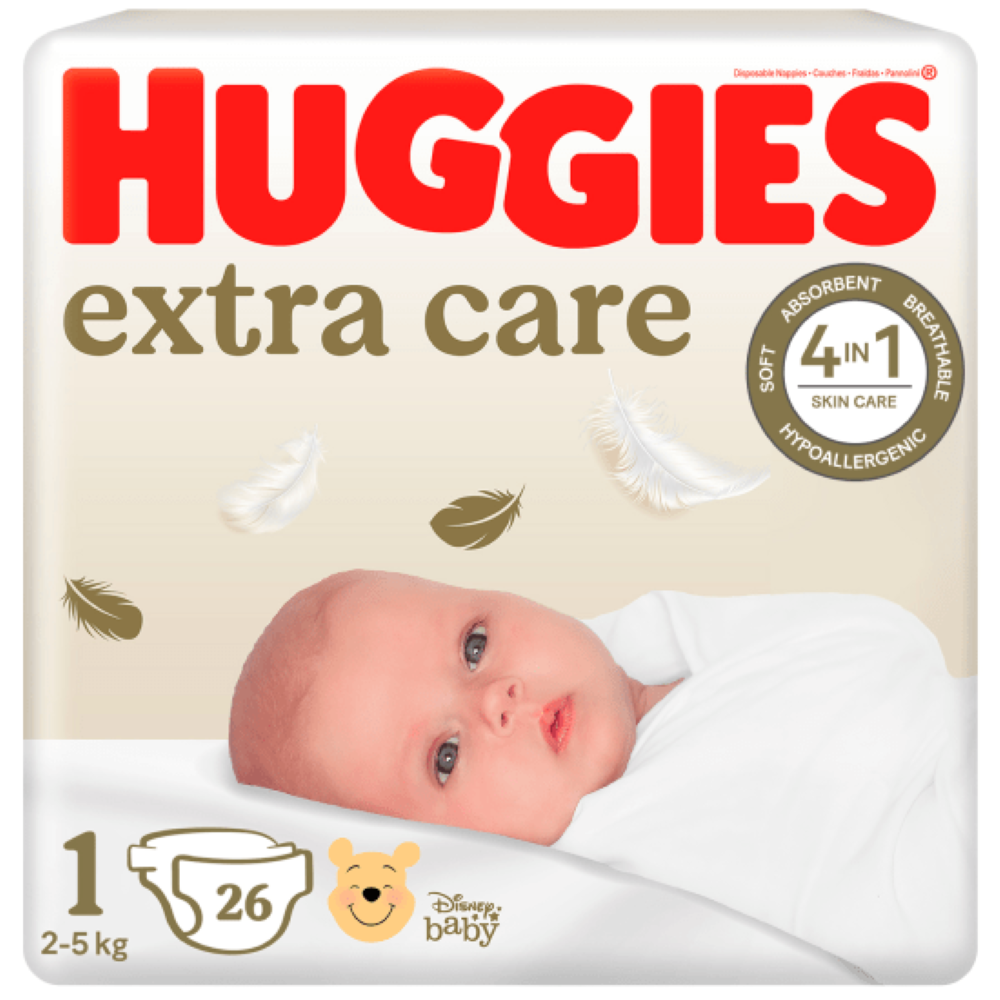 Scutece pentru bebelusi Extra Care, Marimea 1, 2-5kg, 26 bucati, Huggies