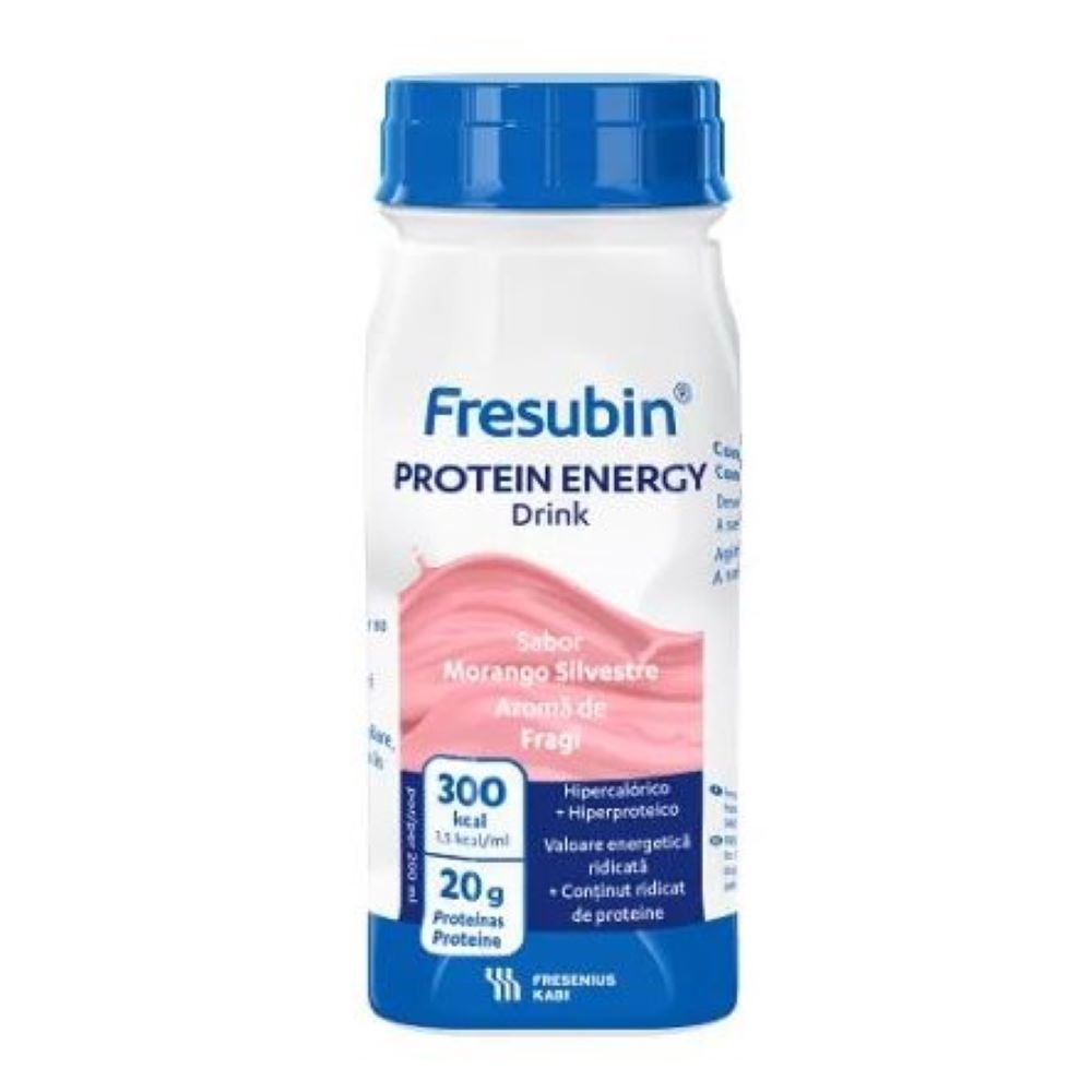 Solutie nutritiva orala cu valoare energetica ridicata, continut ridicat de proteine si aroma de fragi Fresubin Protein Energy, 4 x 200 ml, Fresenius Kabi