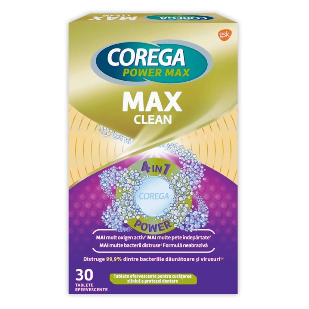 Tablete efervescente Corega Max Clean, 30 tablete, Corega