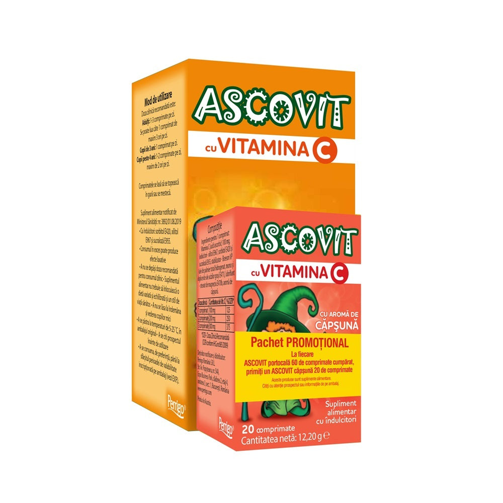 Pachet Ascovit cu vitamina C si aroma de portocala 100 mg x 60 comprimate + Ascovit cu Vitamina C si aroma de capsuni 100 mg x 20 coprimate, Perrigo