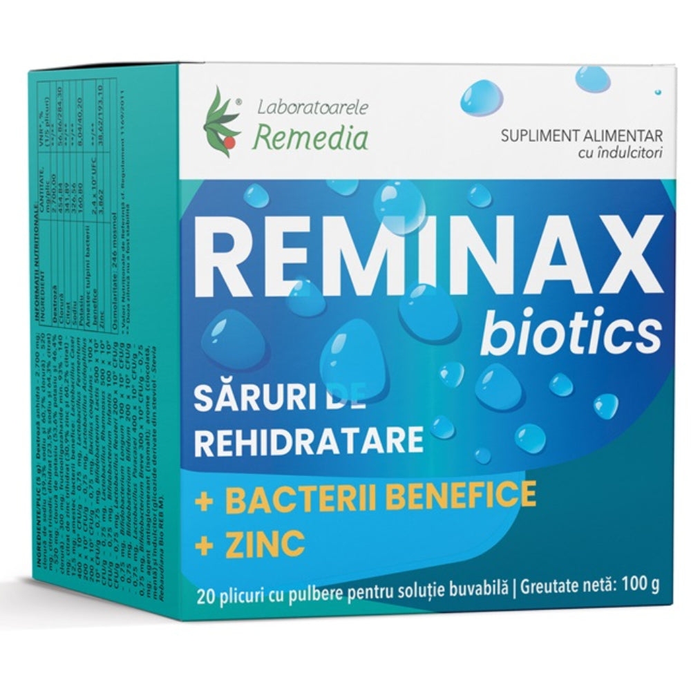 Saruri de rehidratare + bacterii benefice si zinc Reminax Biotics, 20 plicuri, Remedia