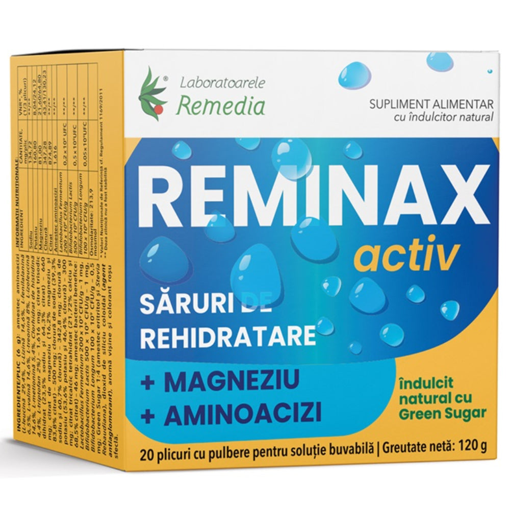 Reminax Activ saruri rehidratare + magneziu si aminoacizi, 20 plicuri, Remedia