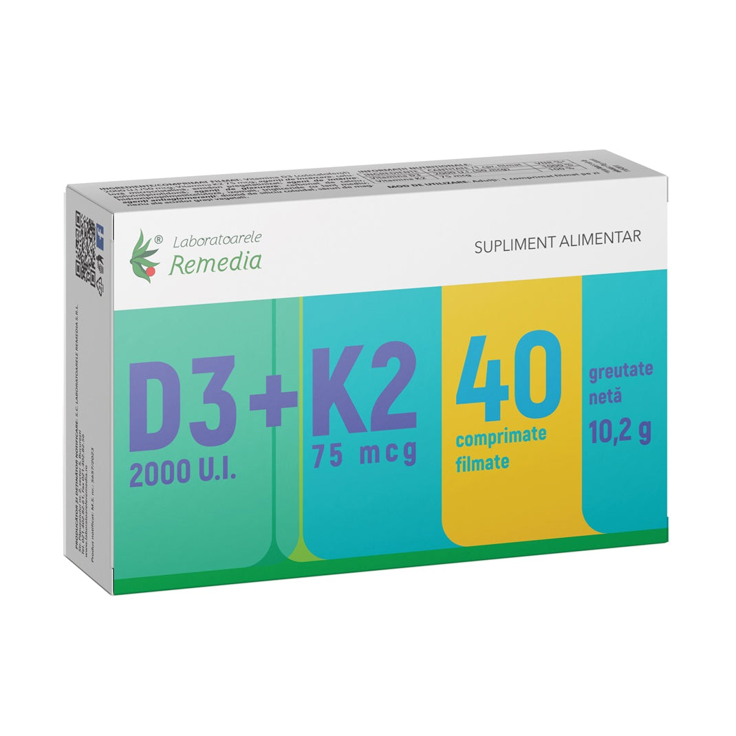 Vitamina D3 2000 UI + Vitamina K2 75 mcg, 40 comprimate filmate, Remedia