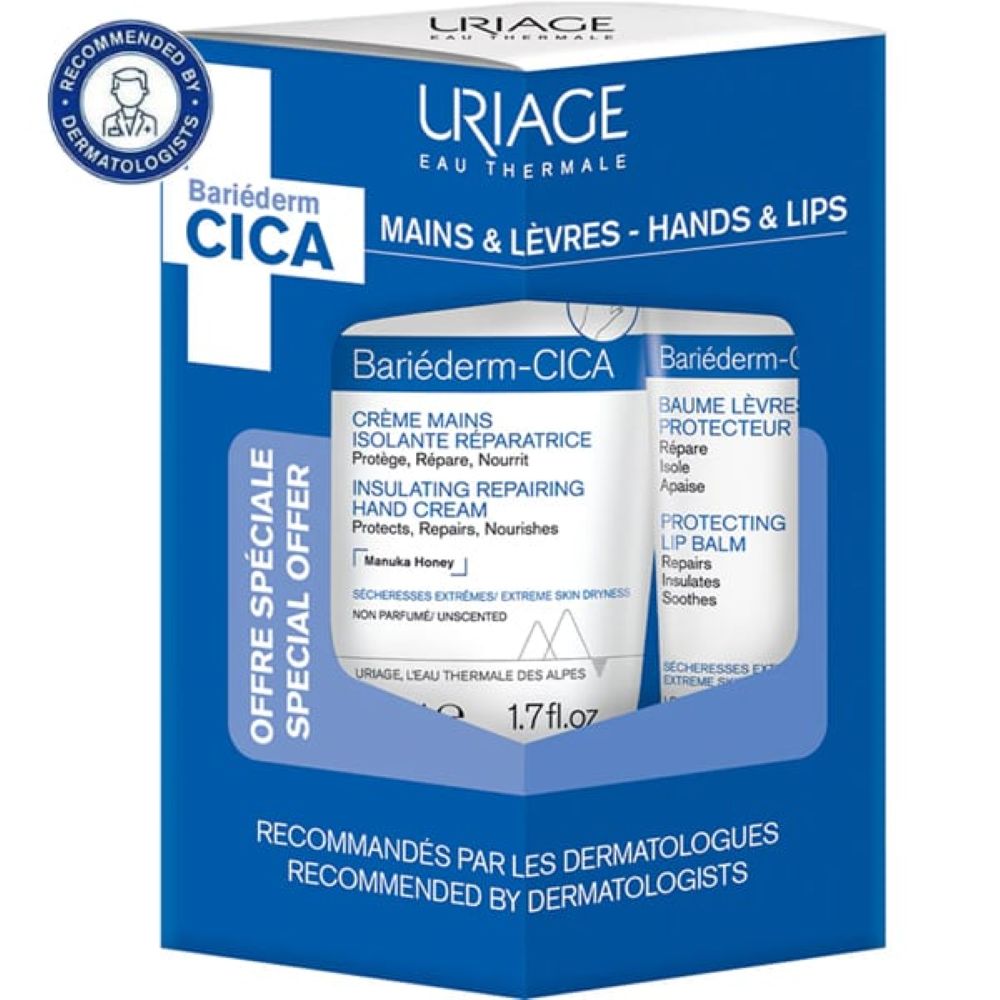 Uriage Bariéderm Cica – Set crema reparatoare pentru maini 50 ml + balsam pentru buze 15 ml