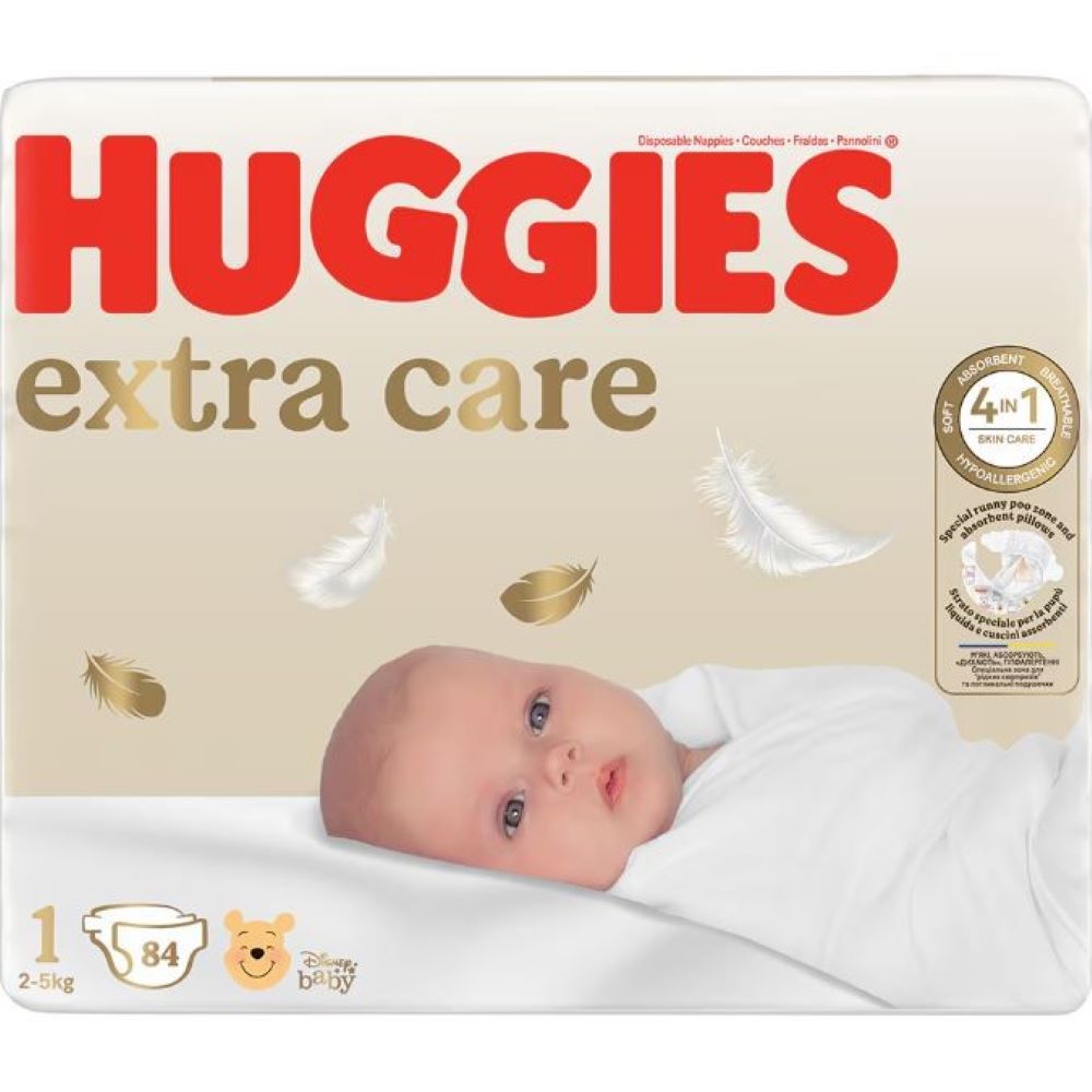 Scutece pentru bebelusi Extra Care Mega, Marimea 1, 2-5kg, 84 bucati, Huggies