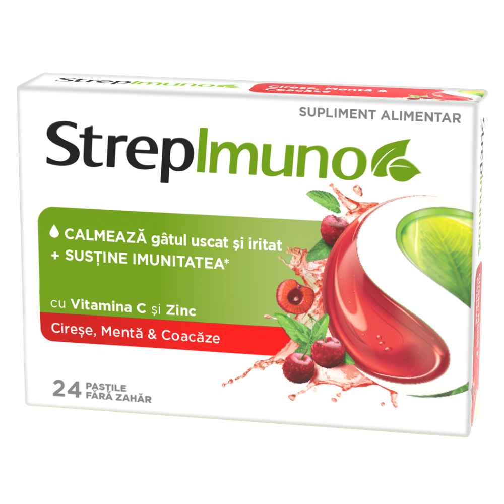 Strepimuno cu cirese, menta si coacaze, 24 pastile de supt, Reckitt Benckiser