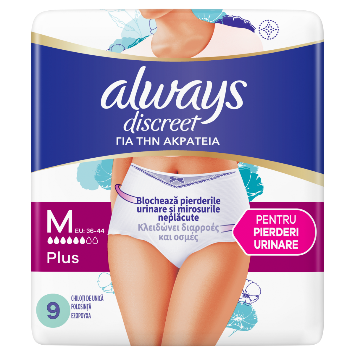 Chiloti pentru incontinenta urinara Discreet Plus, 6 picaturi, Marimea M, 9 bucati, Always