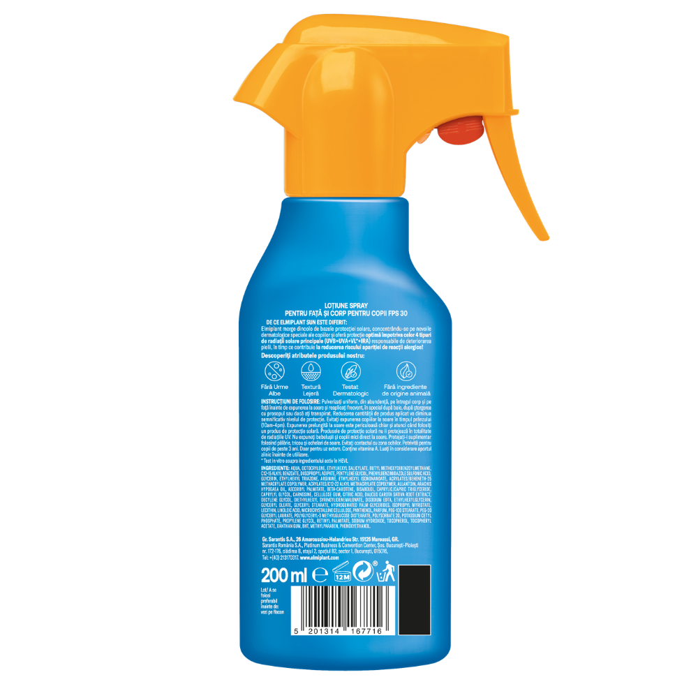 Lotiune spray cu protectie solara SPF 30 pentru copii, 200 ml, Elmiplant