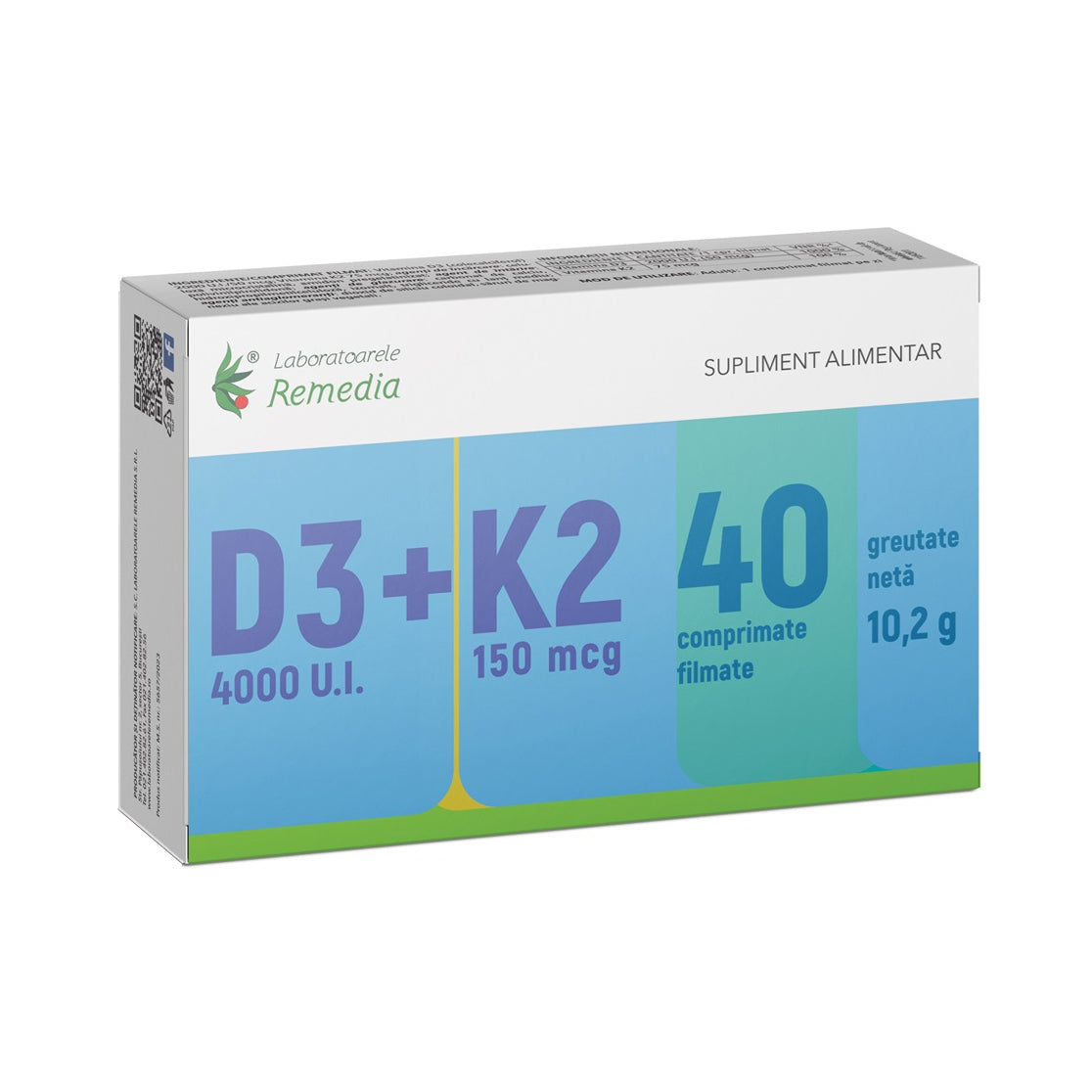 Vitamina D3 4000 UI + Vitamina K2 150 mcg, 40 comprimate filmate, Remedia