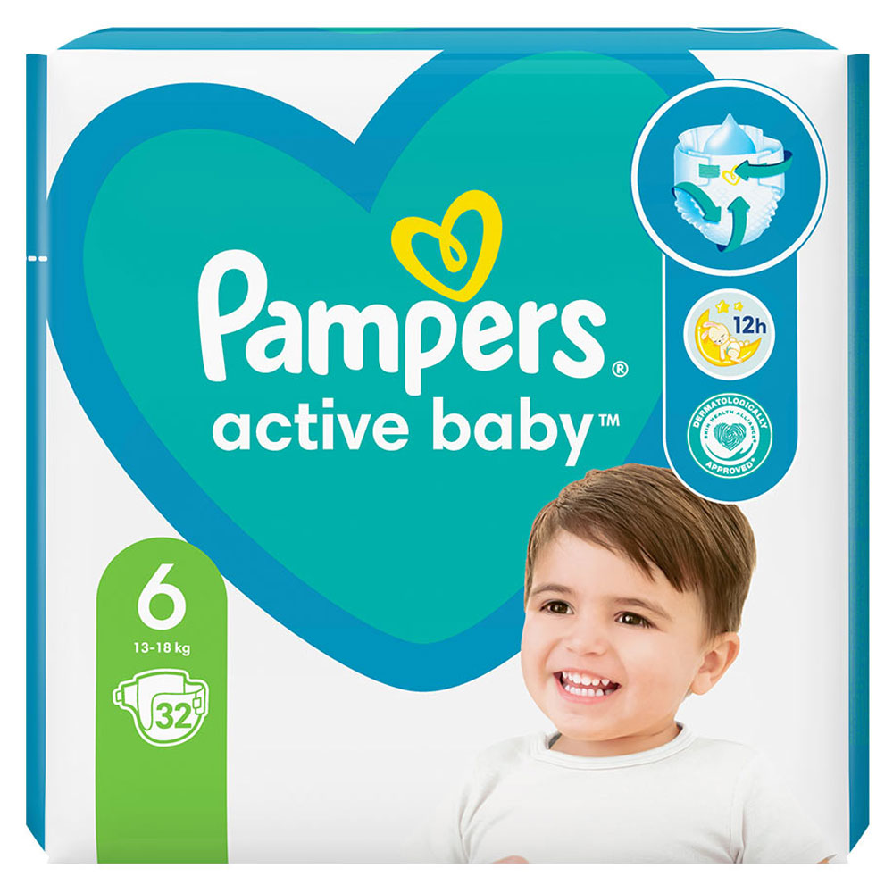 Scutece pentru bebelusi Active Baby, Marimea 6, 13-18kg, 32 Bucati, Pampers