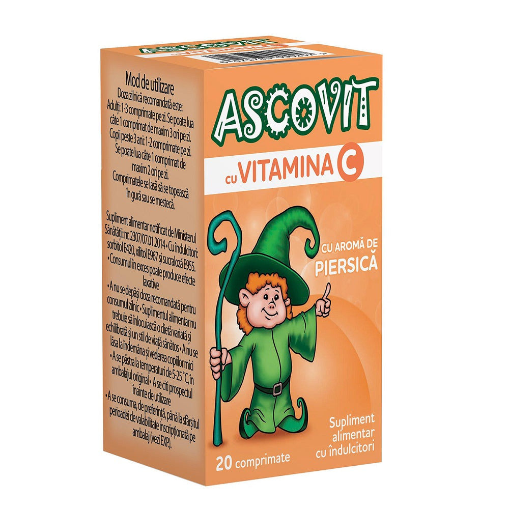 Ascovit cu Vitamina C aroma de piersica 100mg, 20 comprimate, Omega Pharma