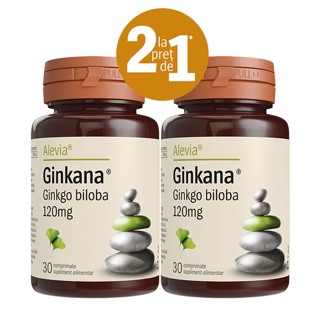 Pachet Ginkana Ginkgo Biloba 120mg, 30 Comprimate + 30 Comprimate Gratis, Alevia