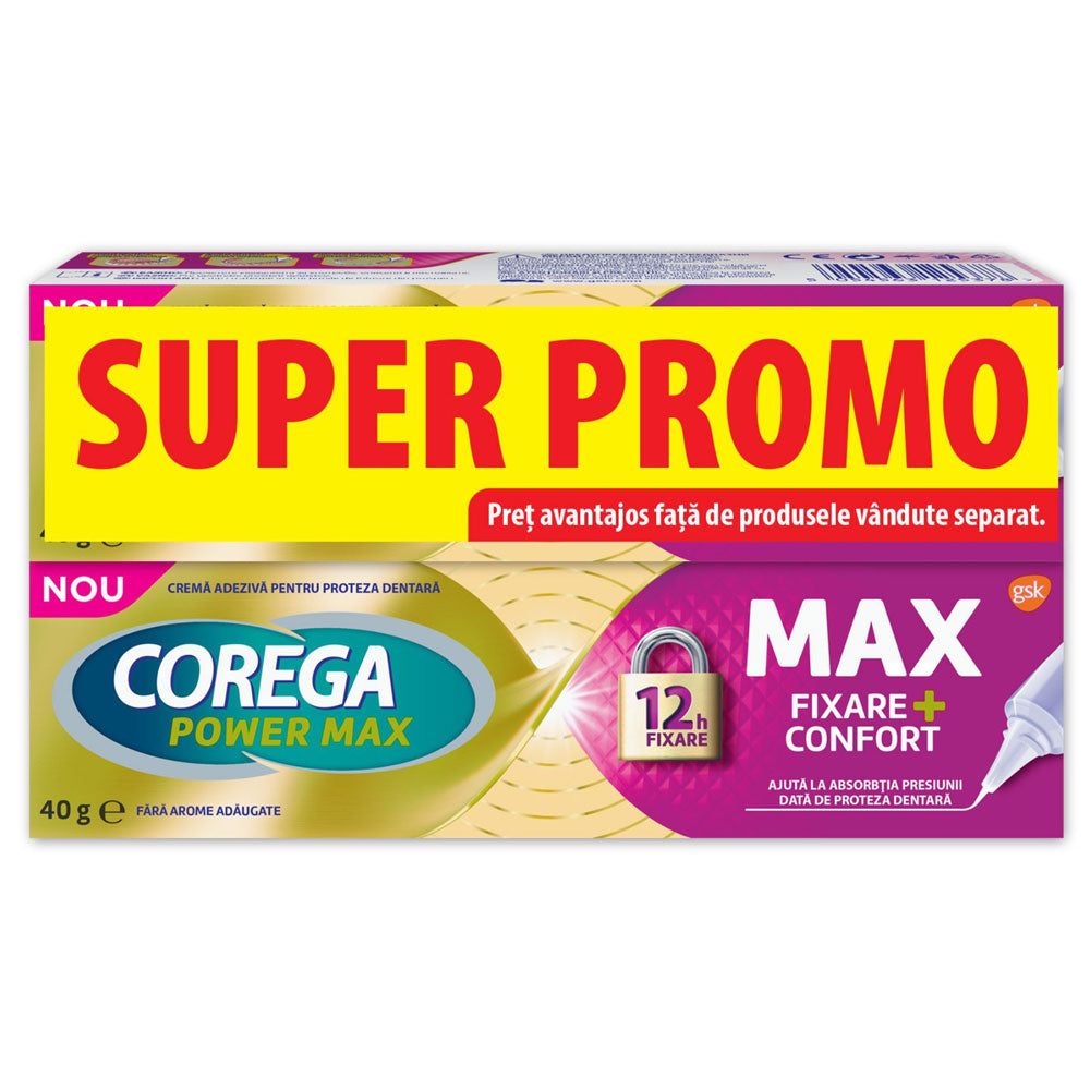 Pachet Crema adeziva pentru proteza Power Max Fixare + Confort, 2 x 40g, Corega