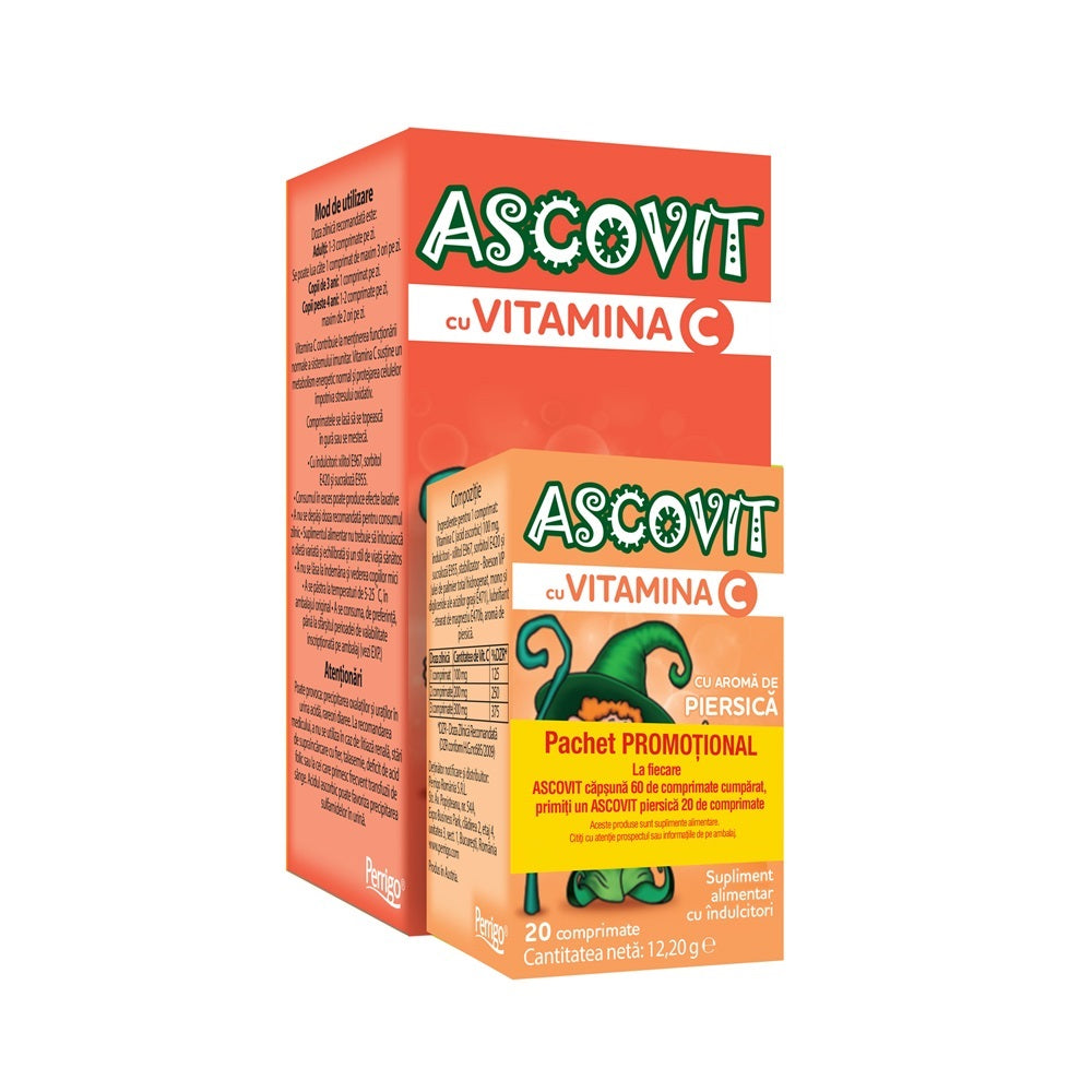 Pachet Ascovit cu Vitamina C cu aroma de capsuni 100 mg, 60 comprimate, Perrigo