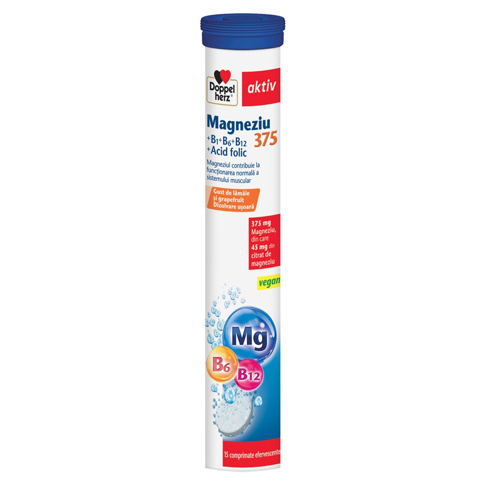 Magneziu 375+B1+B6+B12+Acid Folic, 15 comprimate efervescente, Doppelherz