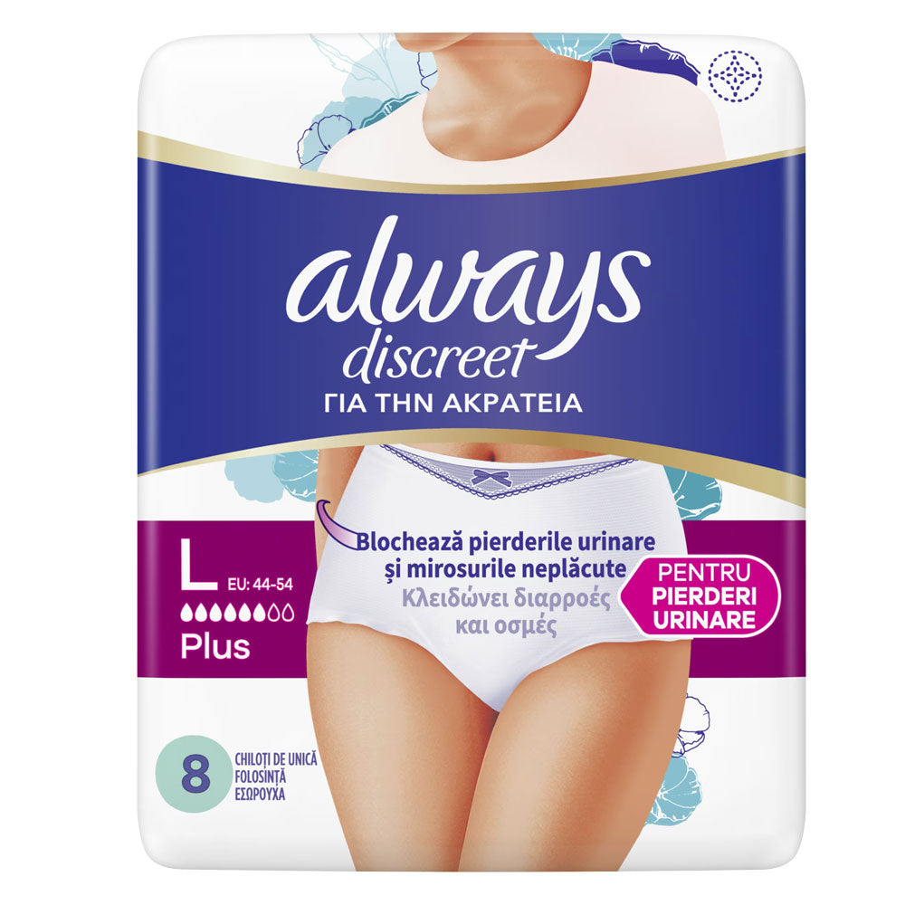Chiloti pentru incontinenta urinara Always Discreet Plus, 6 Picaturi, Marimea L, 8 bucati