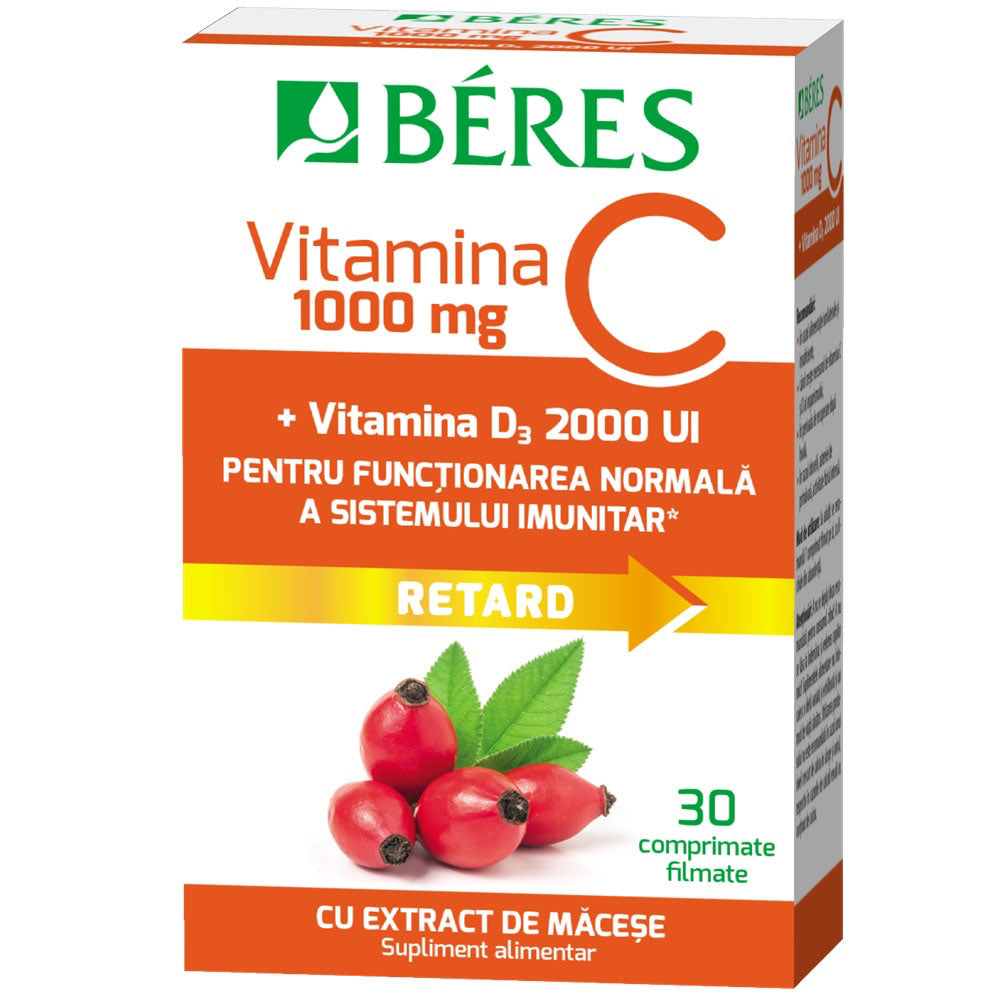 Vitamina C 1000mg + Vitamina D3 2000UI Retard, 30 Comprimate, Beres