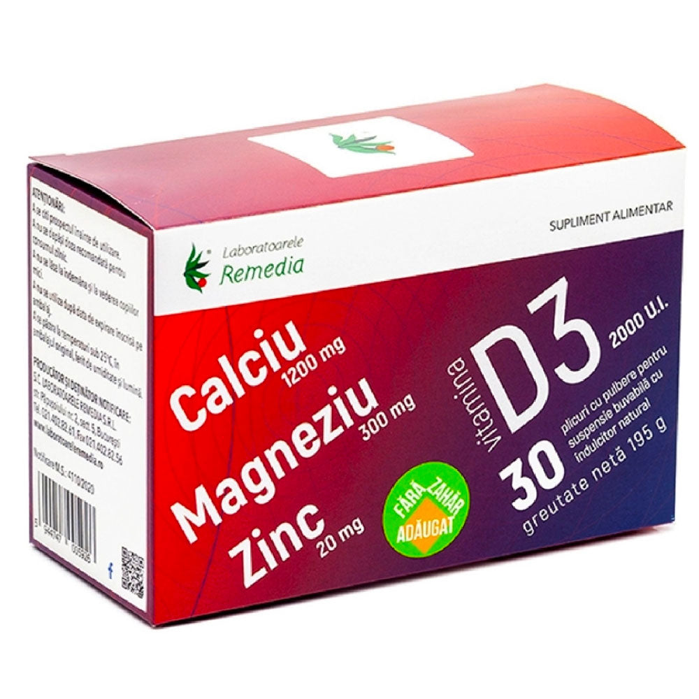 Calciu + Magneziu + Zinc + Vitamina D3, 30 plicuri, Laboratoarele Remedia