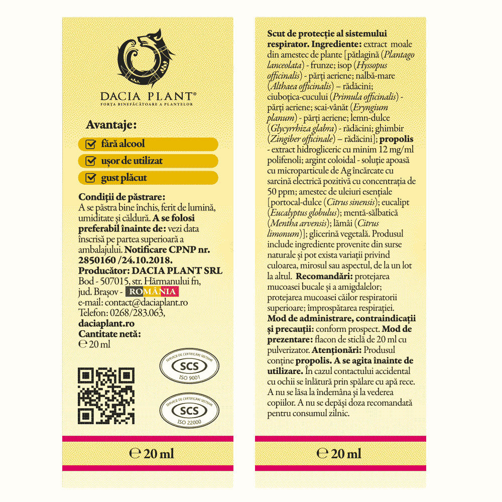 Spray Calmotusin cu Argint Coloidal, 20ml, Dacia Plant