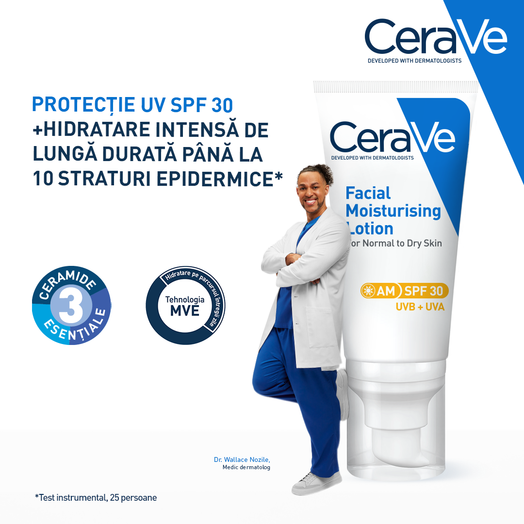 Crema hidratanta de fata cu protectie solara SPF 30 pentru ten normal si uscat, 52 ml, CeraVe