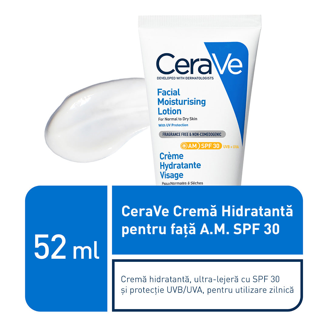 Crema hidratanta de fata cu protectie solara SPF 30 pentru ten normal si uscat, 52 ml, CeraVe