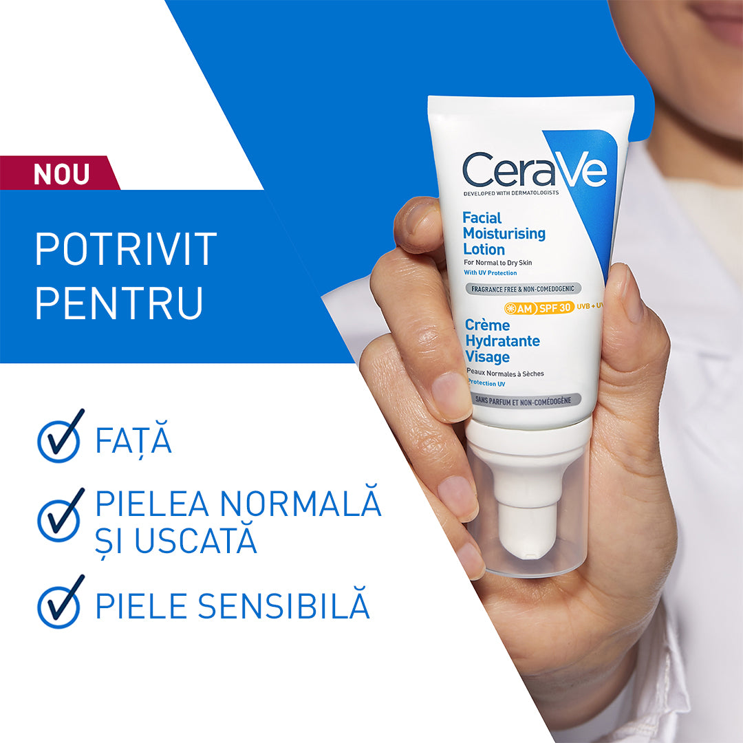 Crema hidratanta de fata cu protectie solara SPF 30 pentru ten normal si uscat, 52 ml, CeraVe