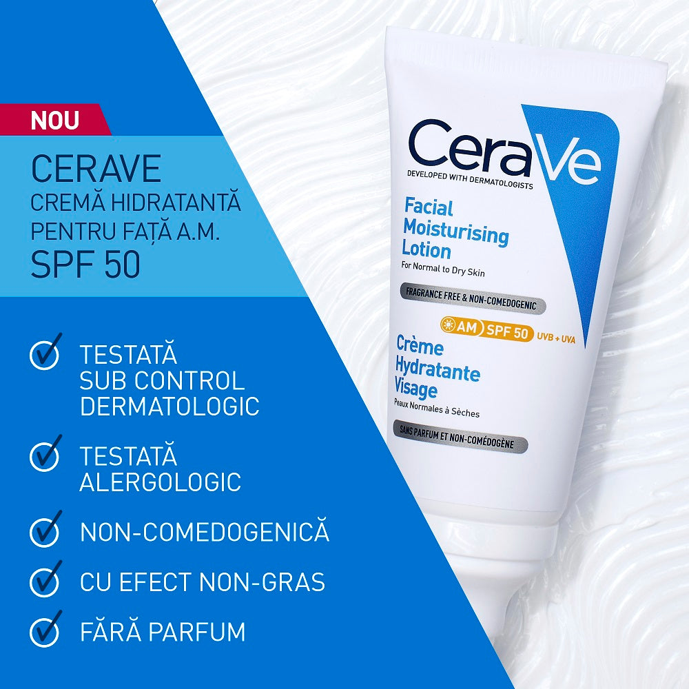 Crema hidratanta pentru ten normal-uscat cu SPF50, 52 ml, CeraVe