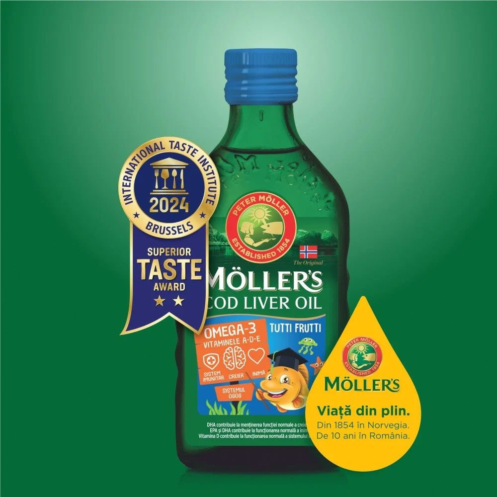 Omega 3 Ulei Ficat de Cod cu Aroma Tutti Frutti pentru Copii, 250ml, Moller's