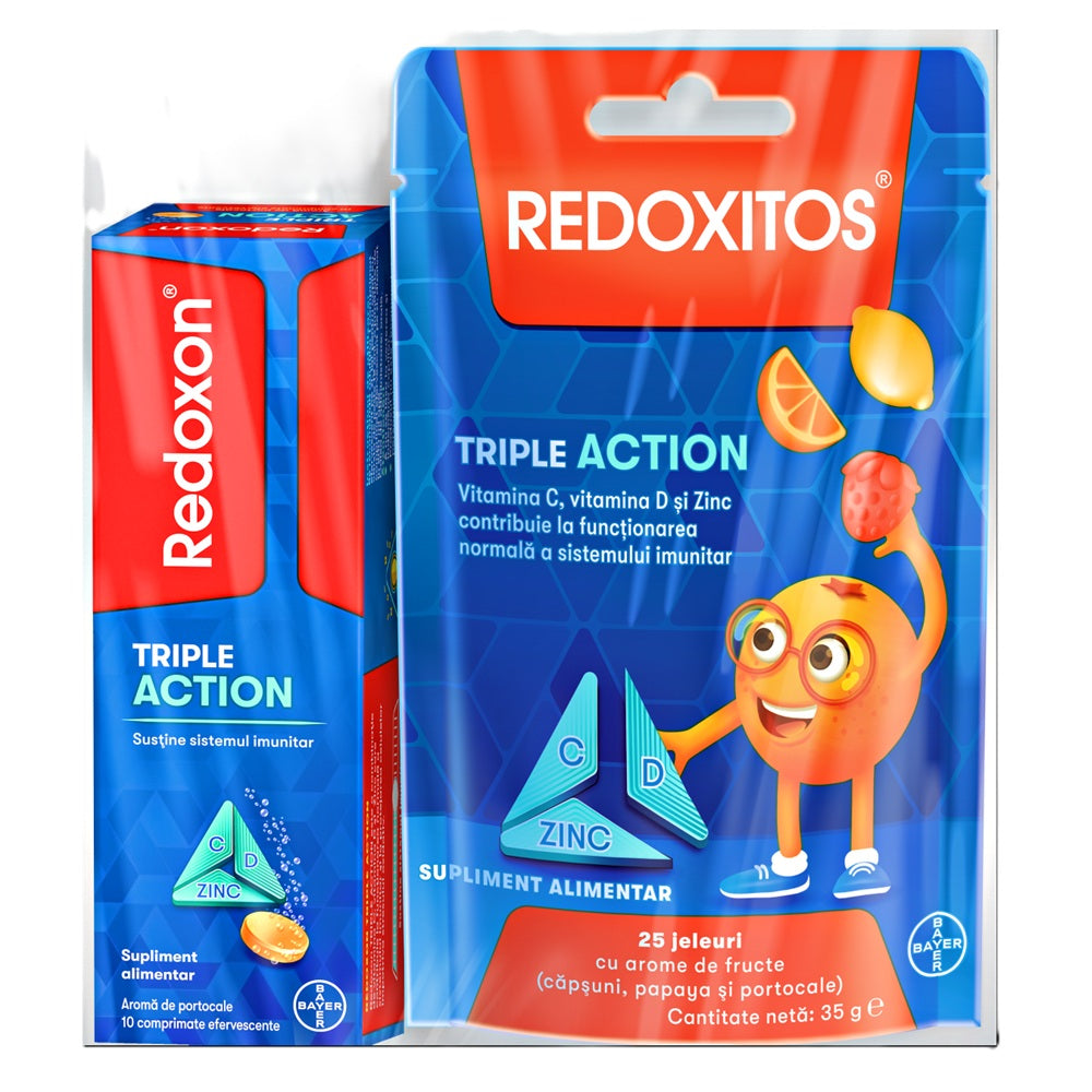 Pachet Redoxon Triple Action 10 comprimate efervescente + Redoxitos Triple Action 25 jeleuri Gratuit, Bayer