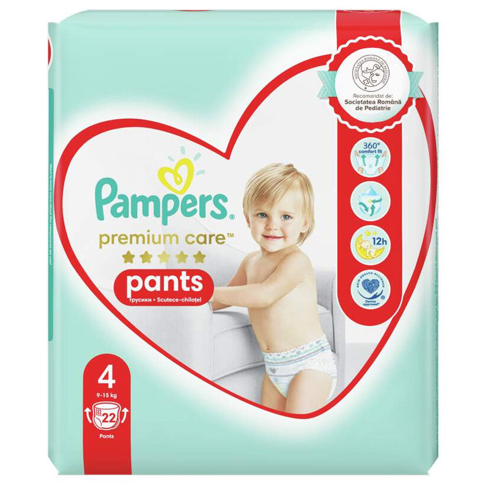 Scutece pentru bebelusi Premium Care Pants, Marimea 4, 9-15kg, 22 Bucati, Pampers