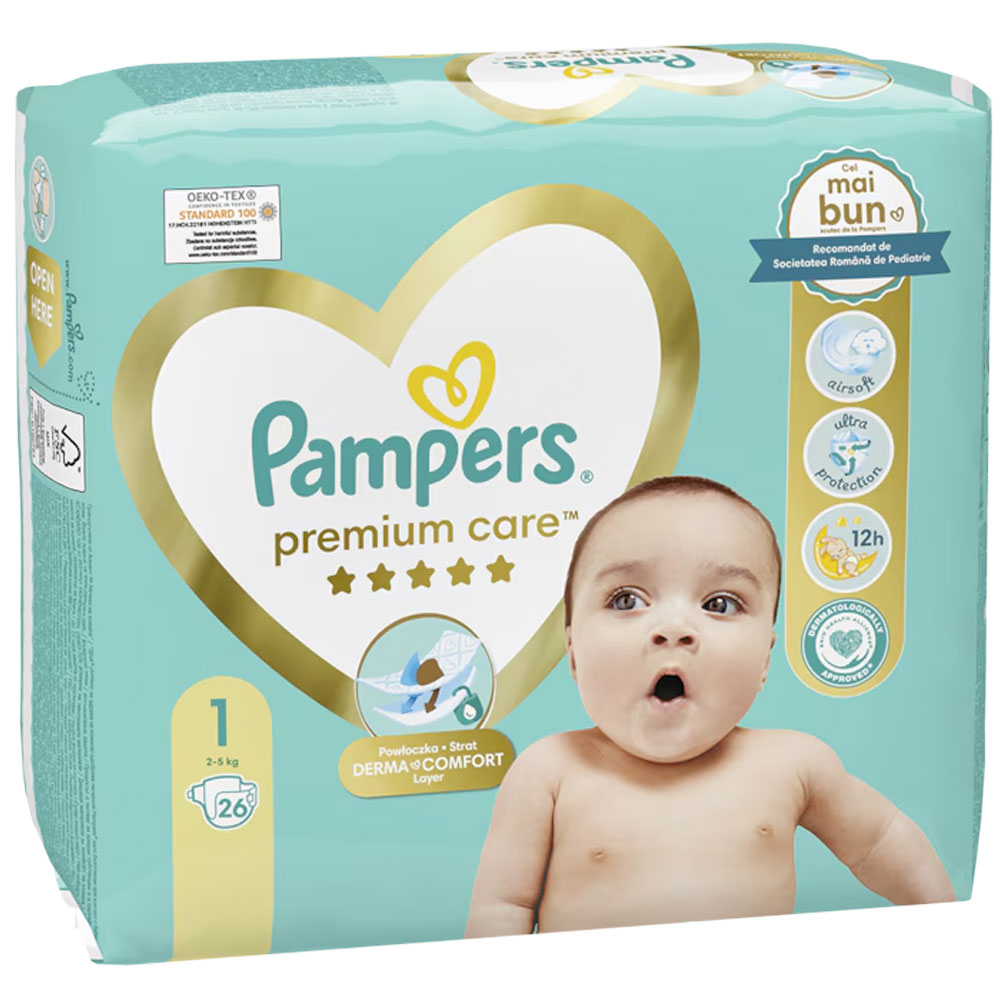 Scutece pentru bebelusi Premium Care, Marimea 1, 2-5kg, 26 Bucati, Pampers