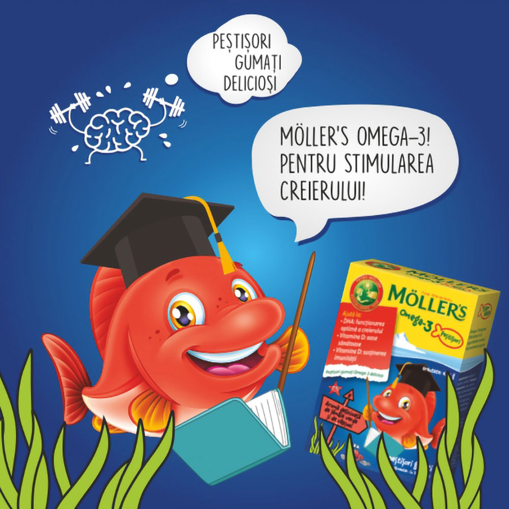 Pestisori Gumati cu Omega-3 Aroma de Lamaie Verde si Capsuni, 36 Jeleuri, Moller's