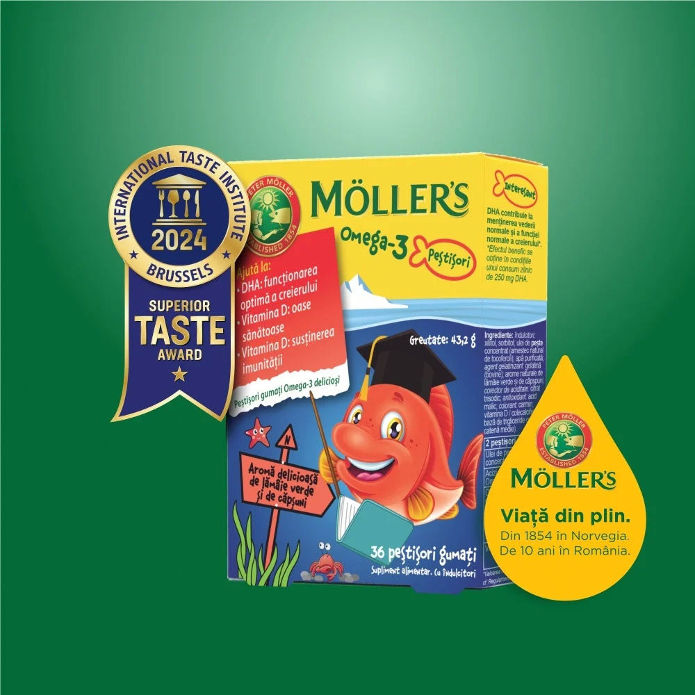 Pestisori Gumati cu Omega-3 Aroma de Lamaie Verde si Capsuni, 36 Jeleuri, Moller's
