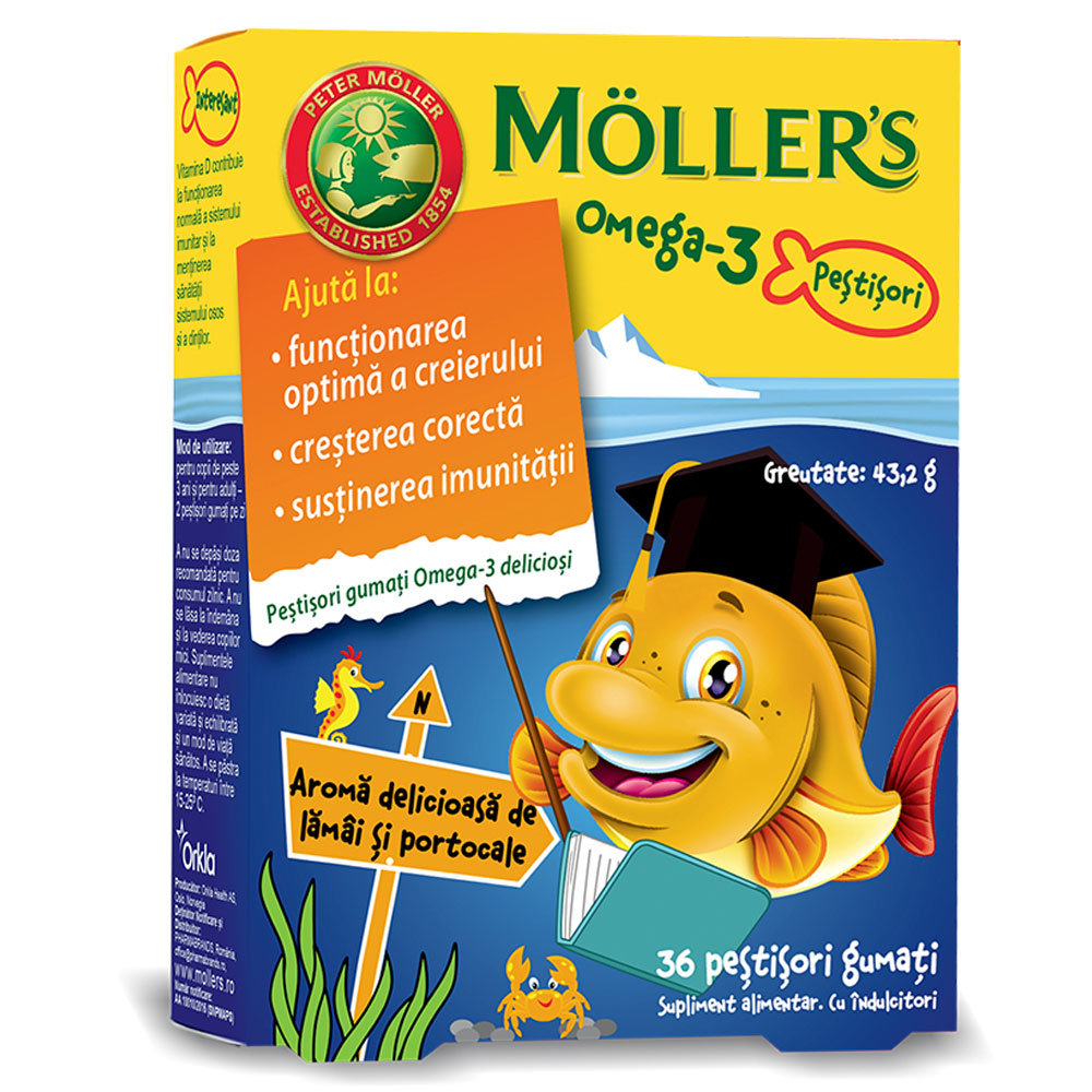 Pestisori Gumati cu Omega-3 Aroma de Lamai si Portocale, 36 Jeleuri, Moller's