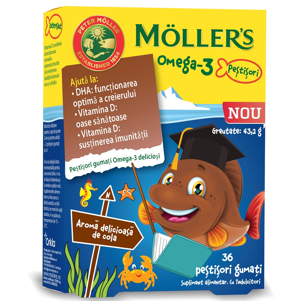 Pestisori gumati cu Omega-3 si aroma de cola, 36 jeleuri, Moller's