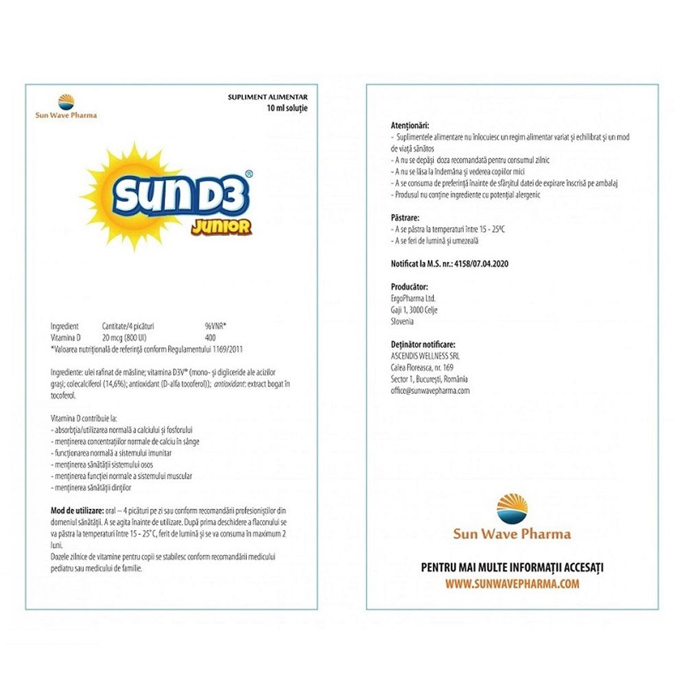 Sun D3 Junior Picaturi, 10ml, Sun Wave Pharma
