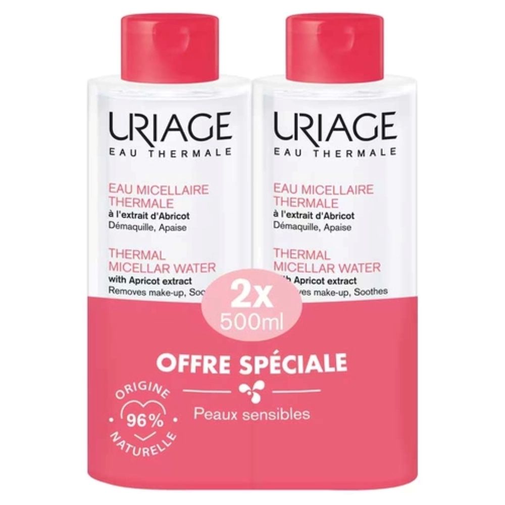 Uriage Eau Thermale – Pachet apa micelara pentru fata si ochi, ten sensibil, 2 x 500 ml