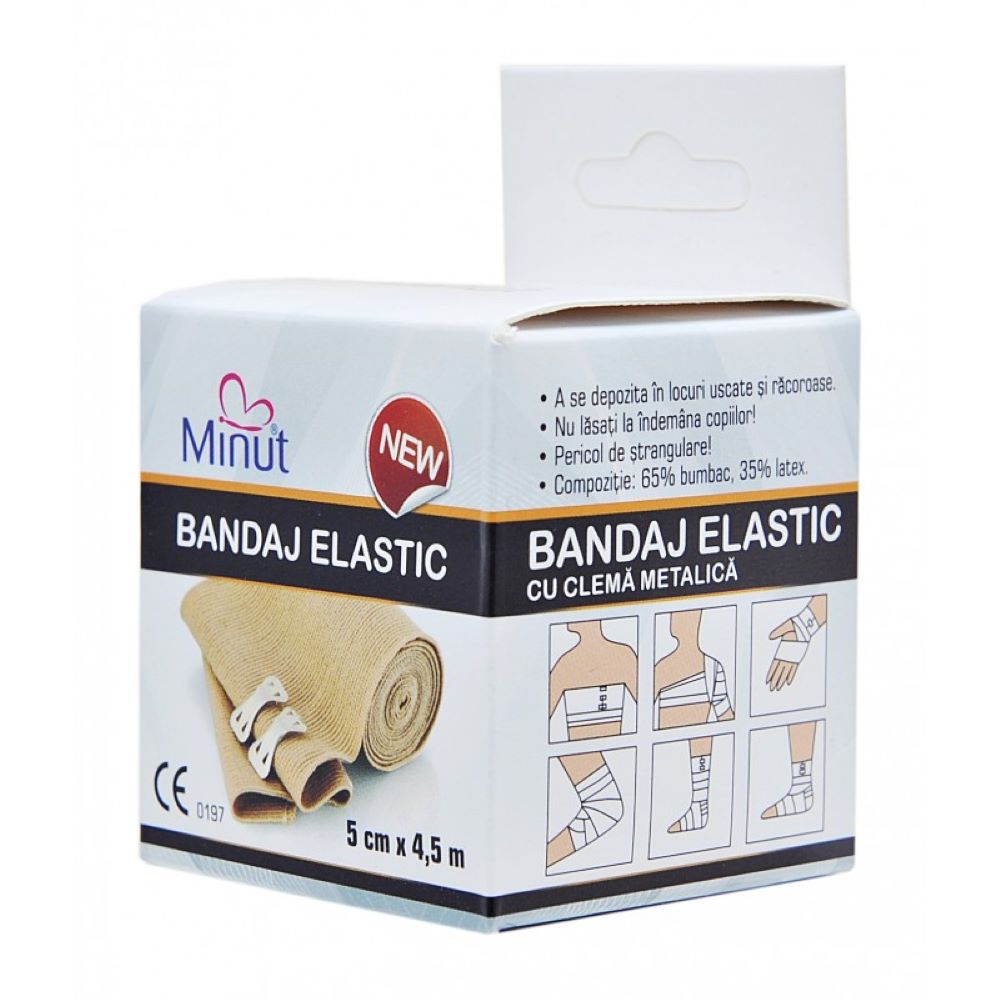 Bandaj elastic cu clema metalica, 5cm x 4.5m, 1 bucata, Minut