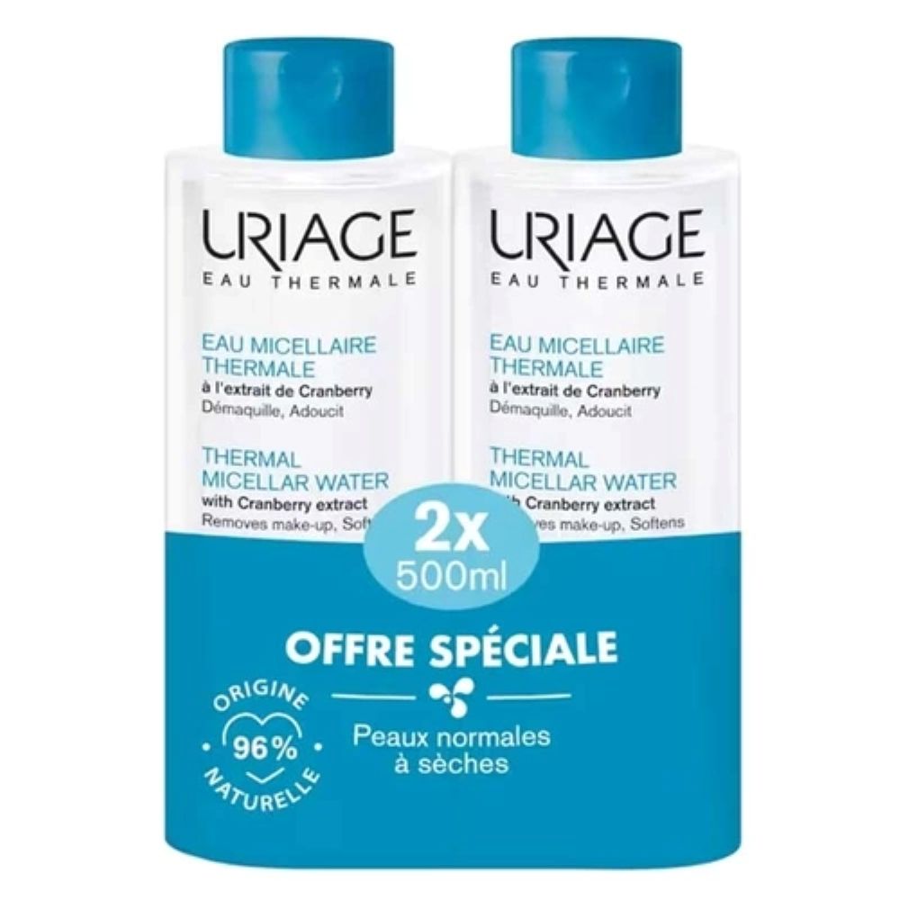 Pachet apa micelara pentru fata si ochi, ten normal si uscat Eau Thermale, 2 x 500 ml, Uriage