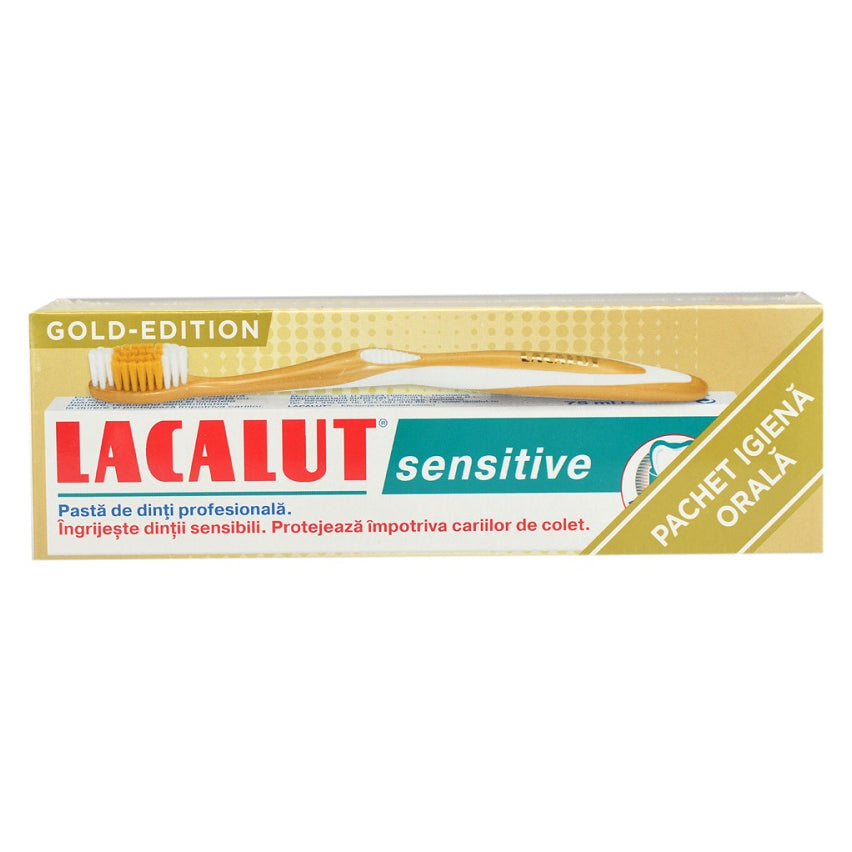 Pasta de dinti Lacalut Sensitive, 75 ml + Periuta de dinti Gold Edition, Theiss Naturwaren