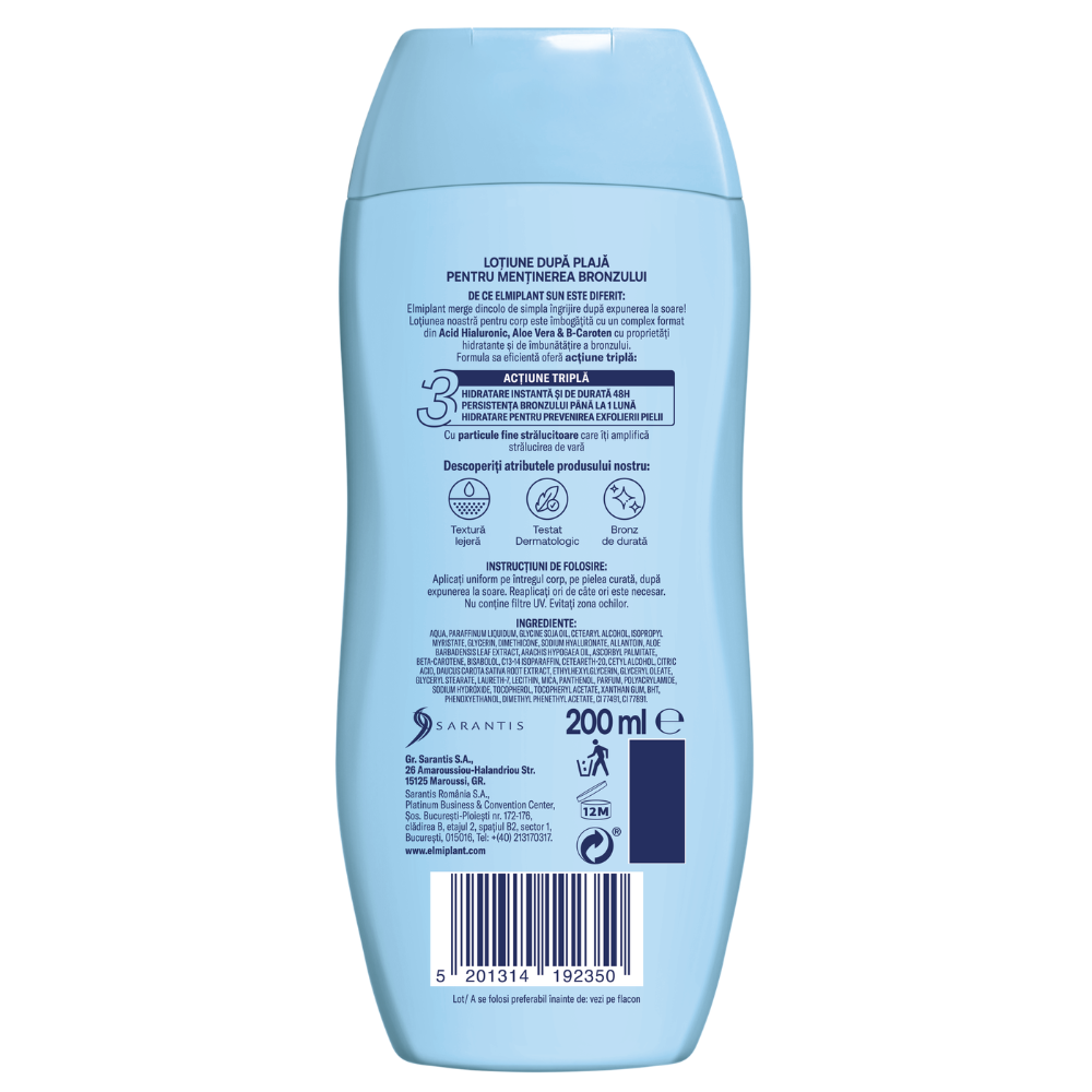 Lotiune dupa plaja pentru mentinerea bronzului, 200 ml, Elmiplant Sun