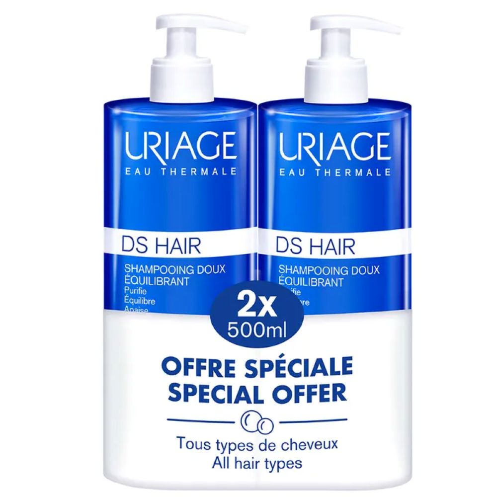 Uriage DS Hair – Sampon reechilibrant pentru scalp sensibil, 2 x 500 ml