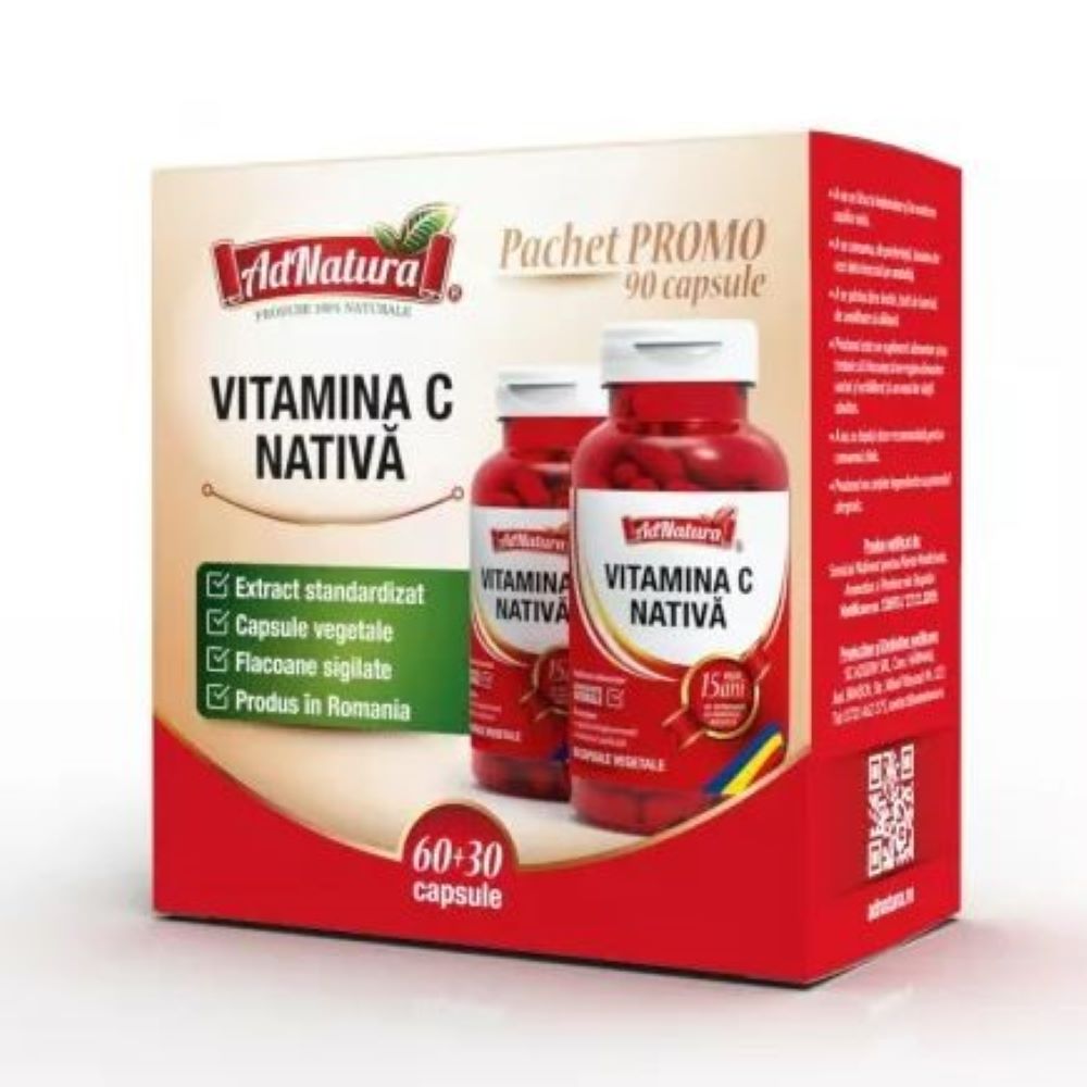 Pachet Vitamina C nativa, 60 + 30 capsule, AdNatura