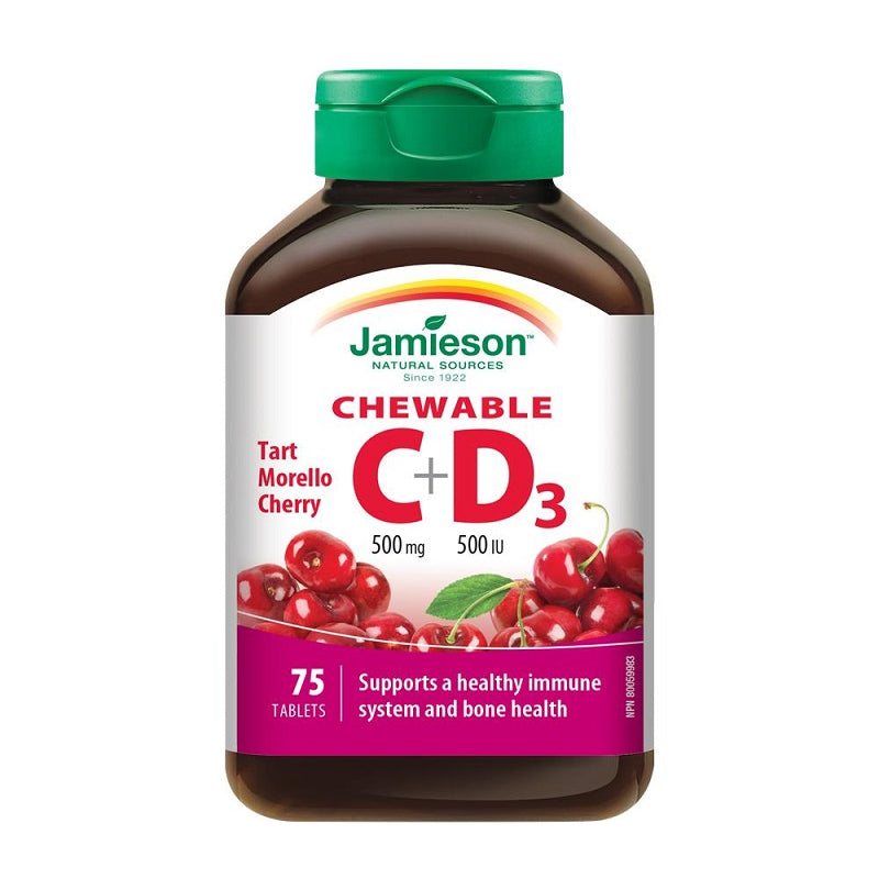 Vitamina C 500 mg + Vitamina D3 500 UI cu aroma de cirese, 75 comprimate masticabile, Jamieson