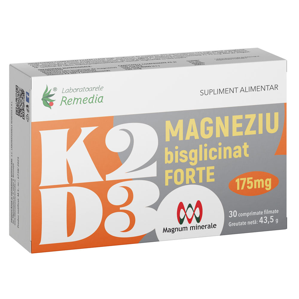 K2 + D3 + Magneziu Bisglicinat Forte 175mg, 30 comprimate, Laboratoarele Remedia