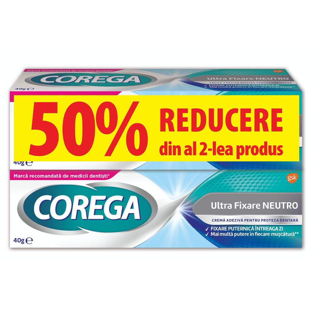 Pachet Crema adeziva pentru proteza Neutro + 50% reducere la al doilea produs, 2 x 40g, Corega