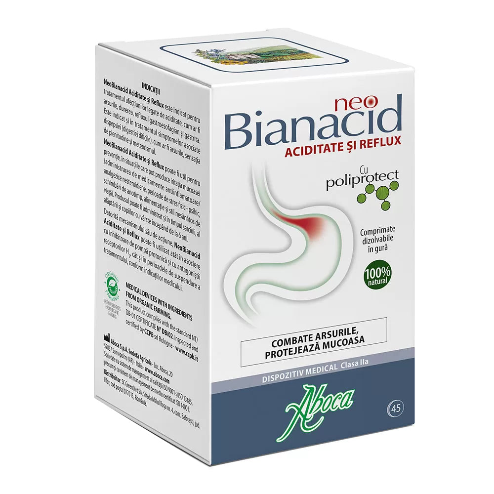 NeoBianacid cu poliprotect pentru aciditate si reflux, 45 comprimate, Aboca